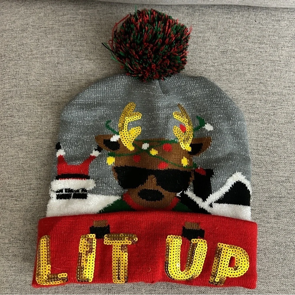 Lit Up Reindeer Christmas Beanie Hat Gray and Red Beanie